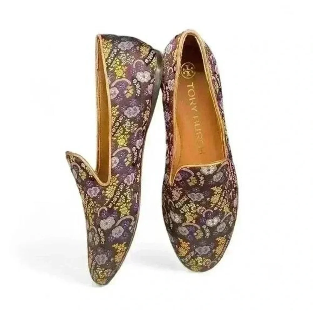 Tory Burch Jacquard Smoking Slipper Loafer Plum Gold Floral Size 7 NIB - Picture 1 of 11